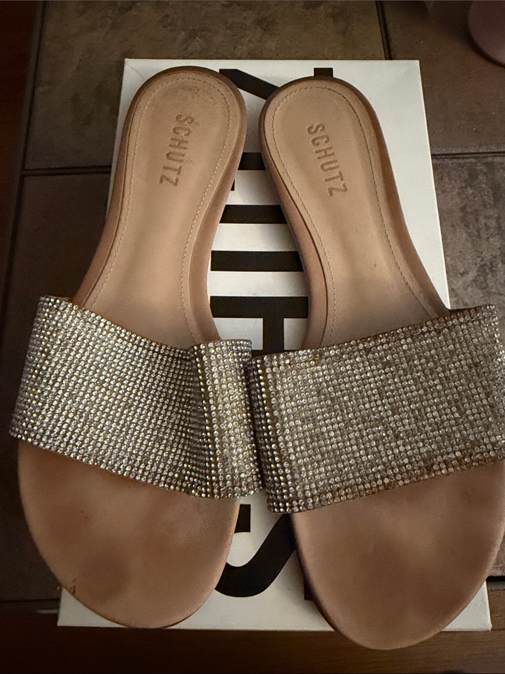 SCHUTZ Champagne Crystal-Embellished Slide Mules